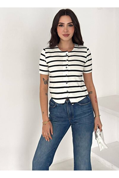 Noa&Noa Γυναικεία κοντομάνικη ριγέ μπλούζα με κουμπιά