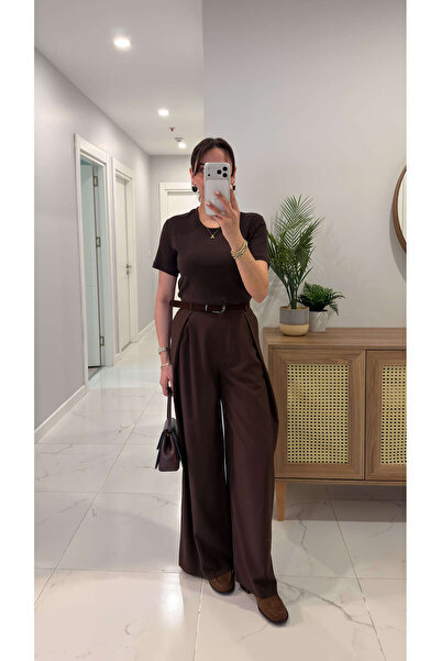 BİRCANÇİL بنطلون ميلدا بني مزدوج الصدر مع حزام مطوي