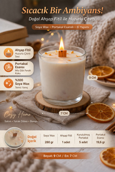 Portakal Esintili Soya Wax Mum | Ahşap Fitilli Doğal Mum | Kurutulmuş Portakallı Dekoratif Bardak