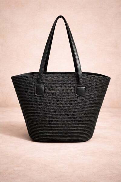 Mixray 2074 Γυναικεία τσάντα ώμου με δερμάτινο λουράκι και ψάθινη ρίγα σε μαύ...