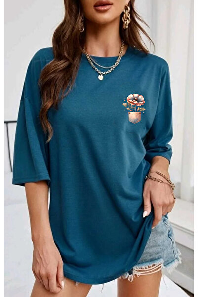 SUNFREE Cep Flower Printed Oversize Crew Neck Short Sleeve Cotton Women's Tshirt