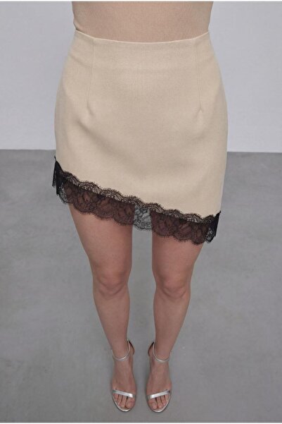 KENZA'A TRİKO Fustă mini cu tăietură asimetrică și detalii din dantelă