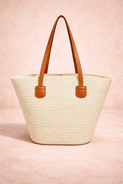 Mixray 2074 Women's Straw Striped Leather Strap Tote Shoulder Bag Ecru