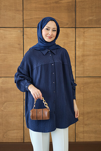 LOCCO Women's Self-Patterned Ribbed Shirt Navy Blue