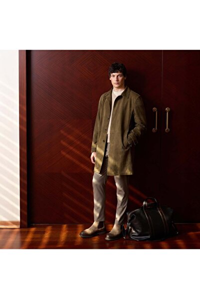 Desa Men's Khaki Shirt Collar Buttoned Suede Leather Jacket