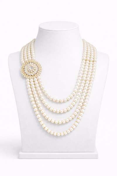 Generic Multilayer Pearl Necklace Set Gold Color Brooch Statement Bridal Part...