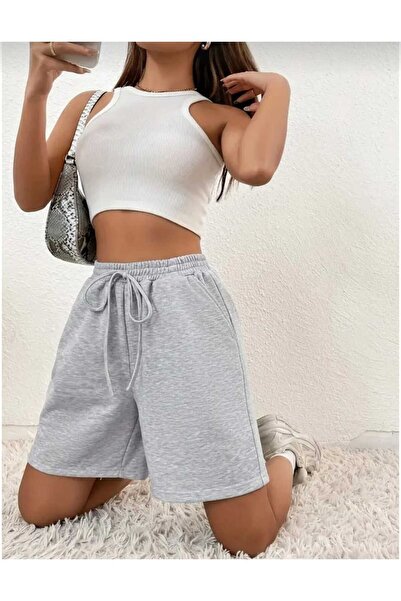 modlux Pantaloni scurți gri oversize pentru femei, model Bermuda, confortabili