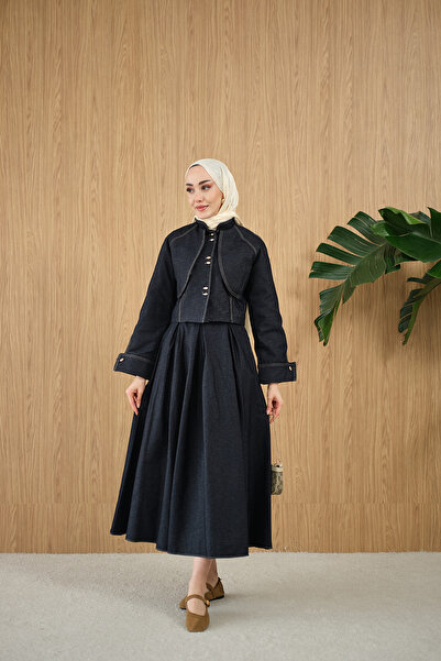 LOCCO Women's Cape Detailed Gold Buttoned Denim Suit Navy Blue