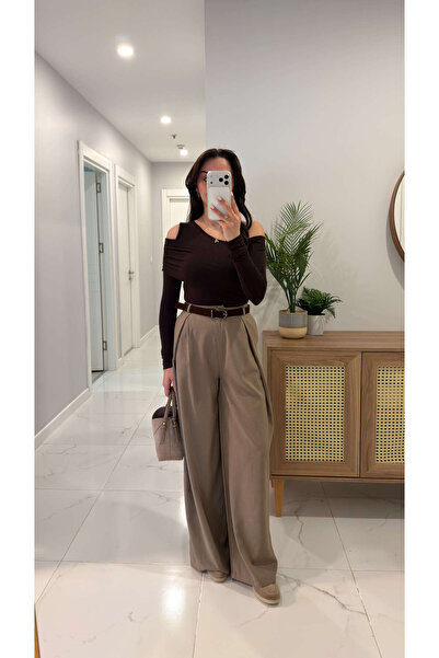 BİRCANÇİL Μίλντα Χακί Διπλόπλεκτο Παντελόνι με Ζώνη