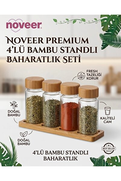 Bambu Noveer Premium 4'lü Set Mutfak Tezgah Üstü Baharatlık - Doğal Standlı Ş...