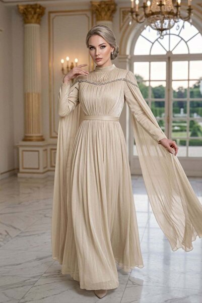 hakimoda Ni̇la Işıltı Chiffon Evening Dress Beige