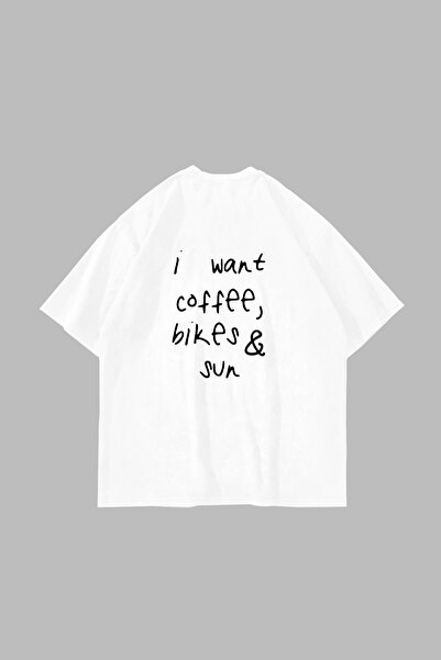 Bak Moda I Want Coffee Printed Oversized Unisex White Tshirt