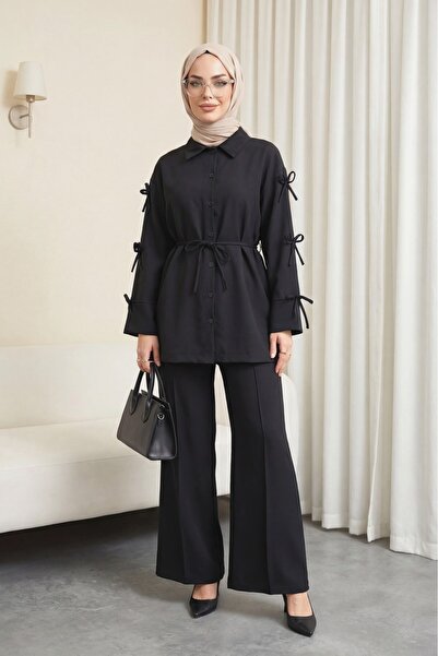 Modamorfo Bow-detailed blouse with imported crepe pants set - black
