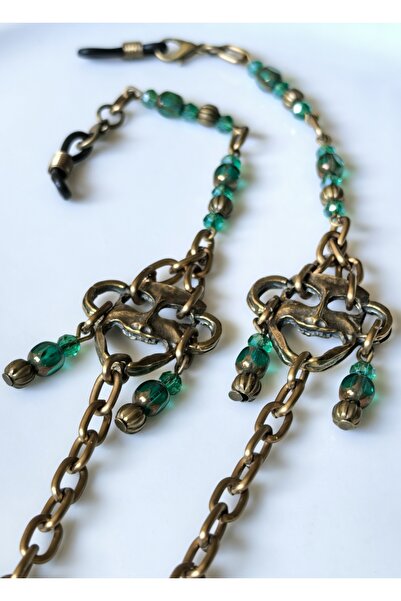 THİNBLACK Glasses Chain – Antique Gold Aluminum with Smiling Mask Figure, Gre...