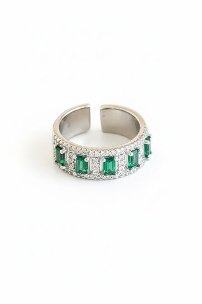 TAKIŞTIR Silver Color Green Stone Adjustable Ring