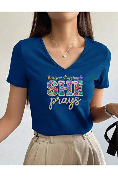SUNFREE Knitted Look Slogan She Printed V-Neck Short Sleeve Regular Women's C...