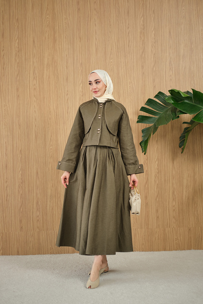 LOCCO Women's Cape Detailed Gold Buttoned Denim Suit Green