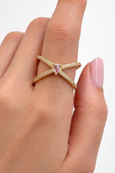 TAKIŞTIR Gold Color Pink Stone Adjustable Ring