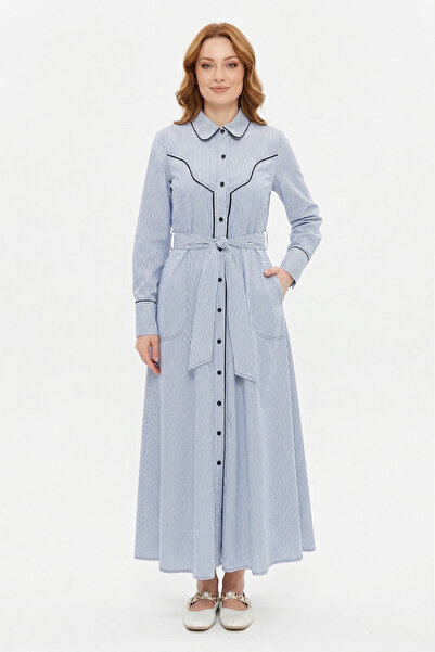 Lale Butik Piping Detail Striped Dress 13270 Navy Blue