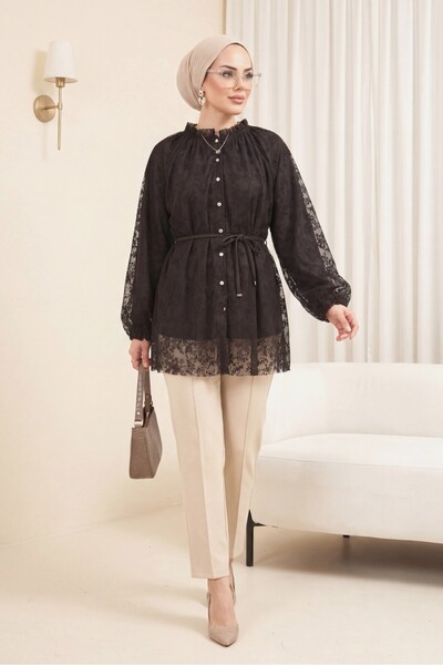 Modamorfo High neck, waist-tie, balloon sleeve, flog print, lined tulle tunic...