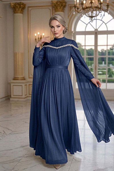 hakimoda Ni̇la Işıltı Chiffon Evening Dress Navy Blue