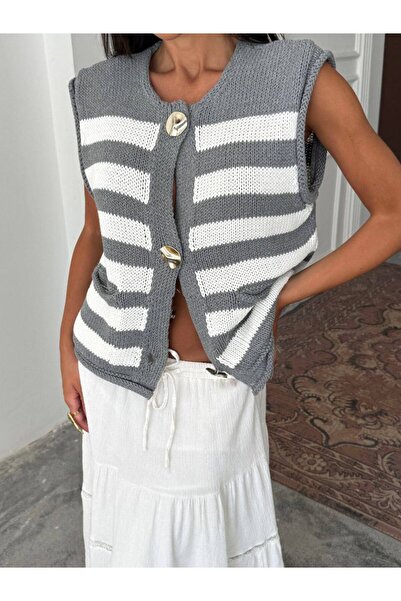 KENZA'A TRİKO Striped Button Detailed Vest