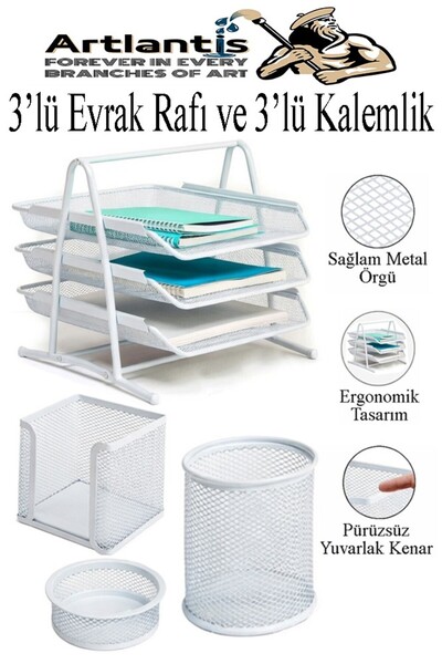 Artlantis Beyaz Metal Evrak Rafı 3 lü ve Masaüstü Kalemlik 3 lü 1 Paket Masaü...