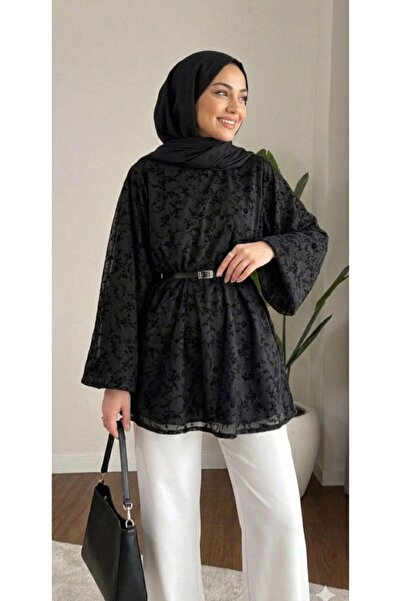 onlymoon Black Hijab Tulle Tunic with Lining and Belt |   Patterned, Stylish,...