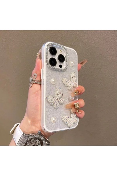 DGN İphone 13 ve İphone 14 Uyumlu Elmas Parıltılı İnci Kelebekli Taşlı Lens K...