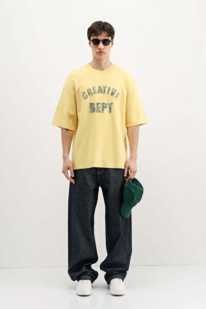 VAMOSCLO Washable Lettering Printed Oversize T-Shirt Yellow