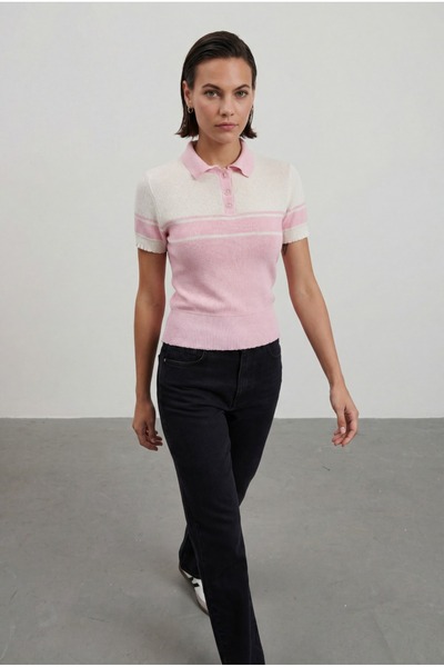 KENZA'A TRİKO Polo Taka Color Block Blouse