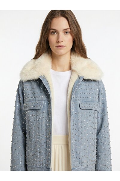 Rabiossa Kadın Lüks Taş Detaylı İçi Yünlü Peluş Yaka Denim Ceket