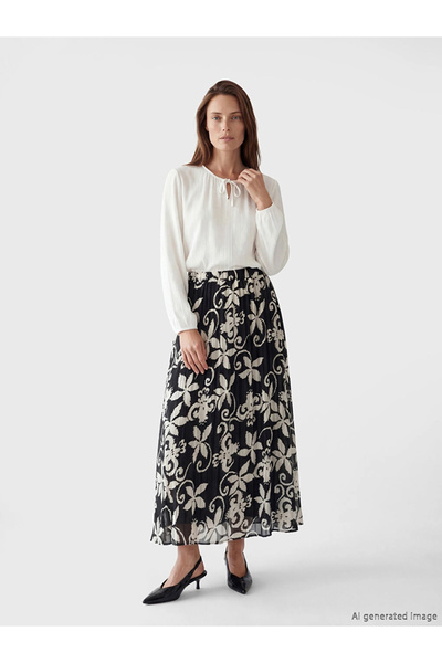 LC Waikiki LCW Grace Μαύρη Φούστα με Ελαστική Μέση, Φλοράλ Σιφόν Πλισέ