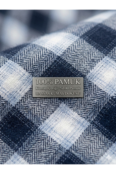 İMAJ MAĞAZACILIK Men's Navy Blue and White Checkered 100% Cotton Flannel Shirt - Premium Textured Trend Fit Casual Shirt