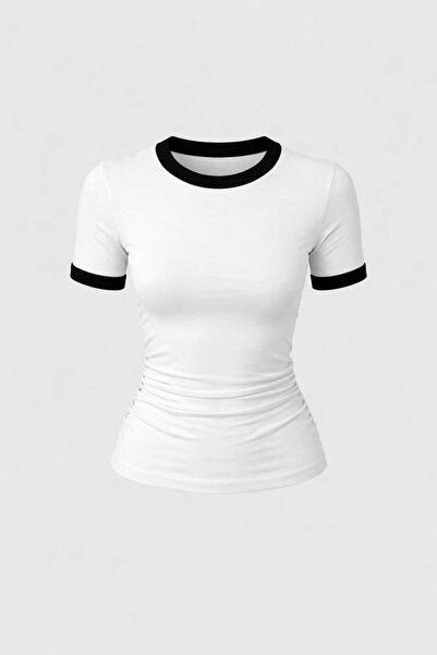 EVOA Women's Crew Neck Garni Detailed Draped Blouse & Bodysuit