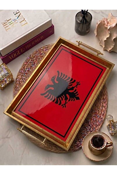 Öykü Arnavut Kartalı Desenli Altın Kulplu Cam Yüzeyli Sunum Tepsisi