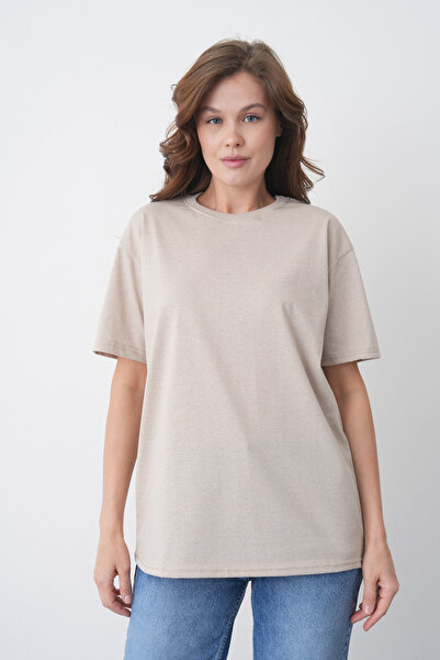 TREND EMMODA Tricou de damă cu gât rotund și mânecă scurtă, bej