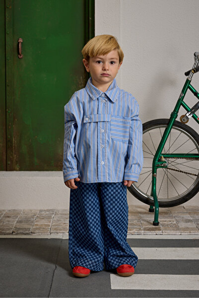 Fahhar Kids Cămașă cu dungi și detalii brodate, albastră