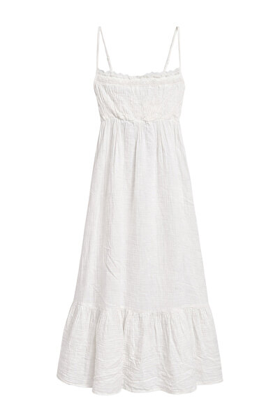 Mixray 4741 Γυναικείο μακρύ φόρεμα με κορδόνι και στριφωτές τιράντες, λευκό