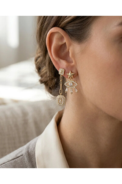 Dorvina Steel Women's Earring Set Gold Color Eye and Pole Star Model Ysx Trio...