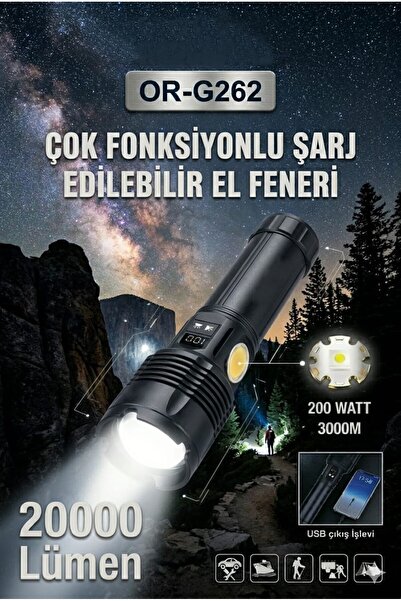 FAVBOX OR-G262 20000 Lümen Ultra Güçlü Profesyonel Şarjlı El Feneri - 200W Gü...