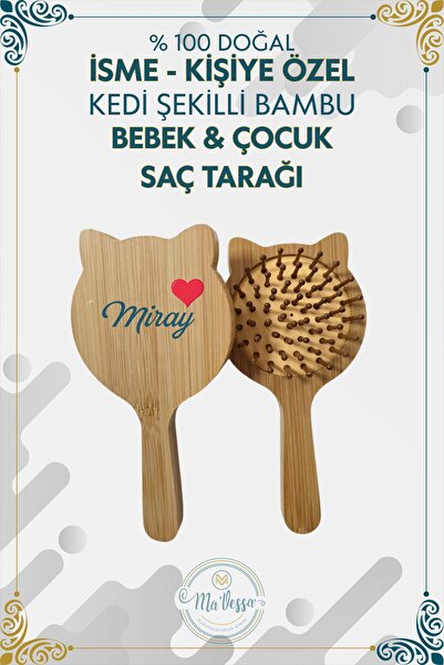 Ma'Vessa İsme - Kişiye Özel Kedi Şekilli Doğal Bambu Bebek & Çocuk Saç Tarağı