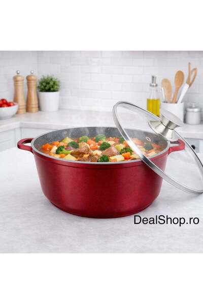 dealshopromania 40 cm Cast Aluminum Saucepan with Glass Lid, 19.6L, Marble Co...