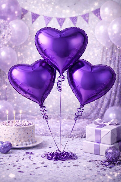 Happyewent 3-Piece Large Size Purple Heart Foil Balloon Set (24 Inches / 60 cm)