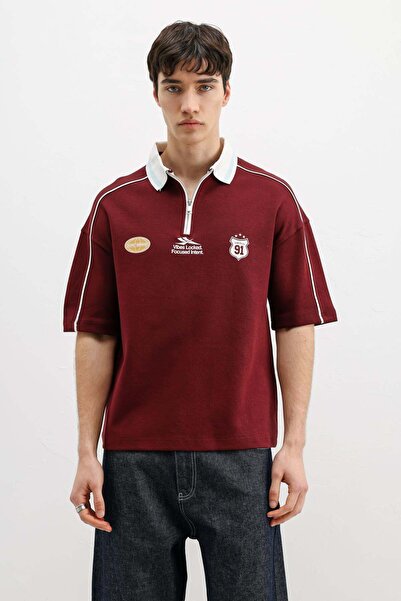 VAMOSCLO Fermuarlı Yaka Baskılı Oversize Tişört Bordo