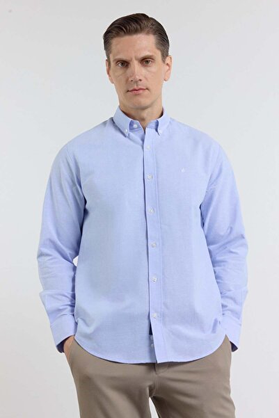 İmza قميص أكسفورد أزرق فاتح بياقة بأزرار وأكمام طويلة بدون جيوب من القطن بقصة...