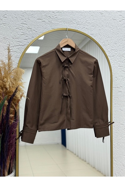 MİHRA STORE Κοντό πουκάμισο Lidya με διακοσμητική λωρίδα μπροστά-BN4382 Καφέ