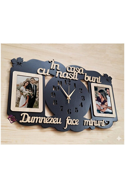 damoro Ceas de perete cu 2 spatii pentru poza,pentru nasii nunta/botez,lemn,N...