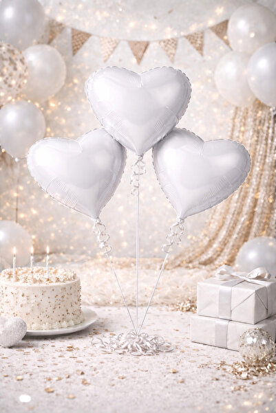 Happyewent Set of 3 White Heart Foil Balloons (18 Inches / 45 cm)