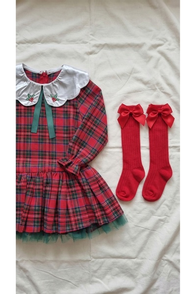 Sabi Ekose Desenli Peter Pan Yakalı Tütülü Kız Çocuk Elbise Çorap Takım
